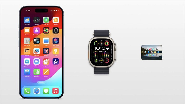 La diferencia de tamaño de las pantallas del iPhone, Apple Watch y Vision Pro en una imagen